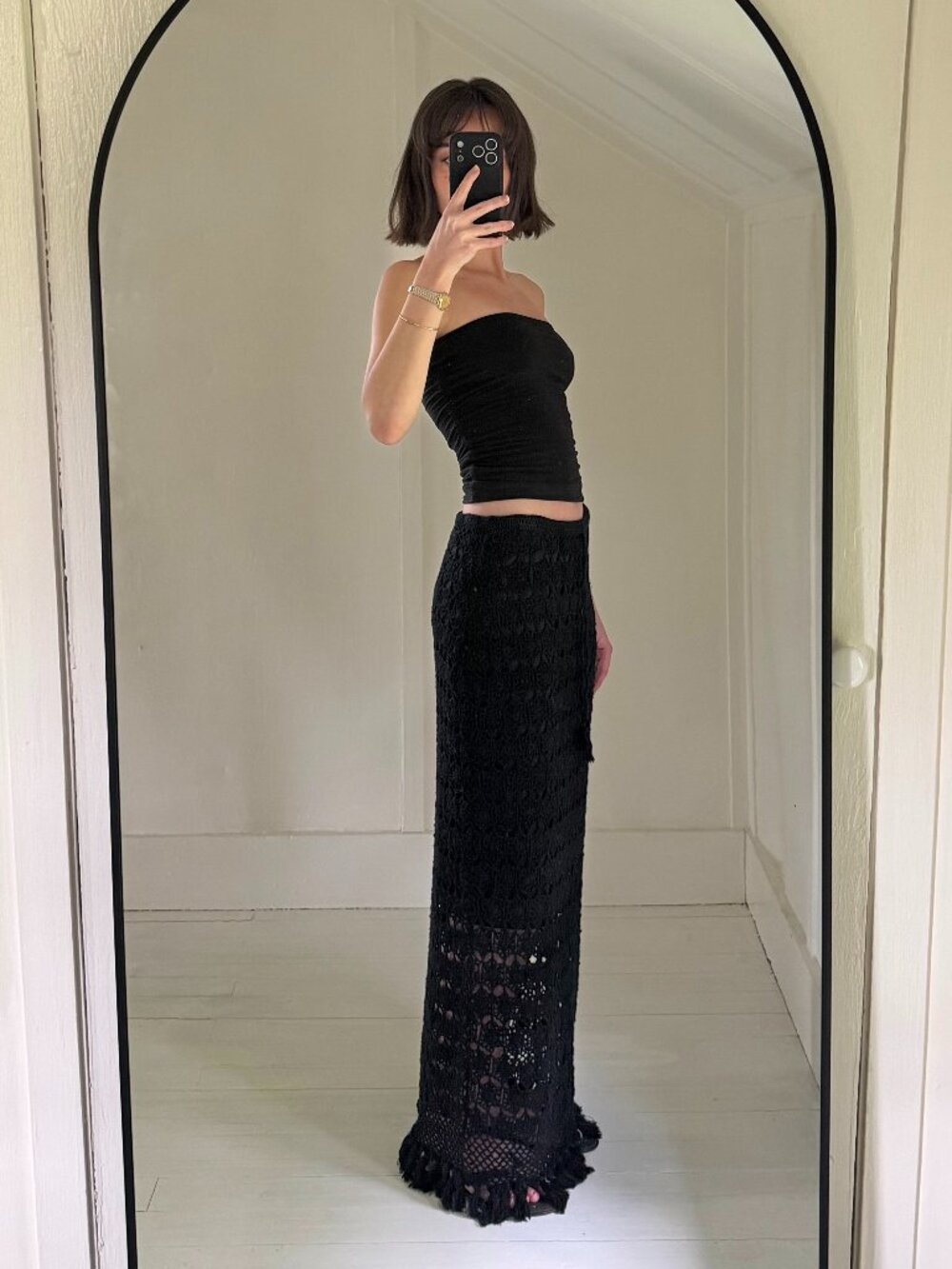 Moda International Vintage Y2K Sheer Crochet Knit Maxi Skirt Black Size M
